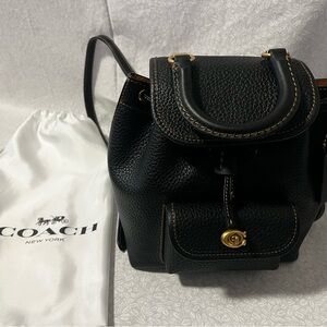 Coach Black Leather Backpack with Gold Accents